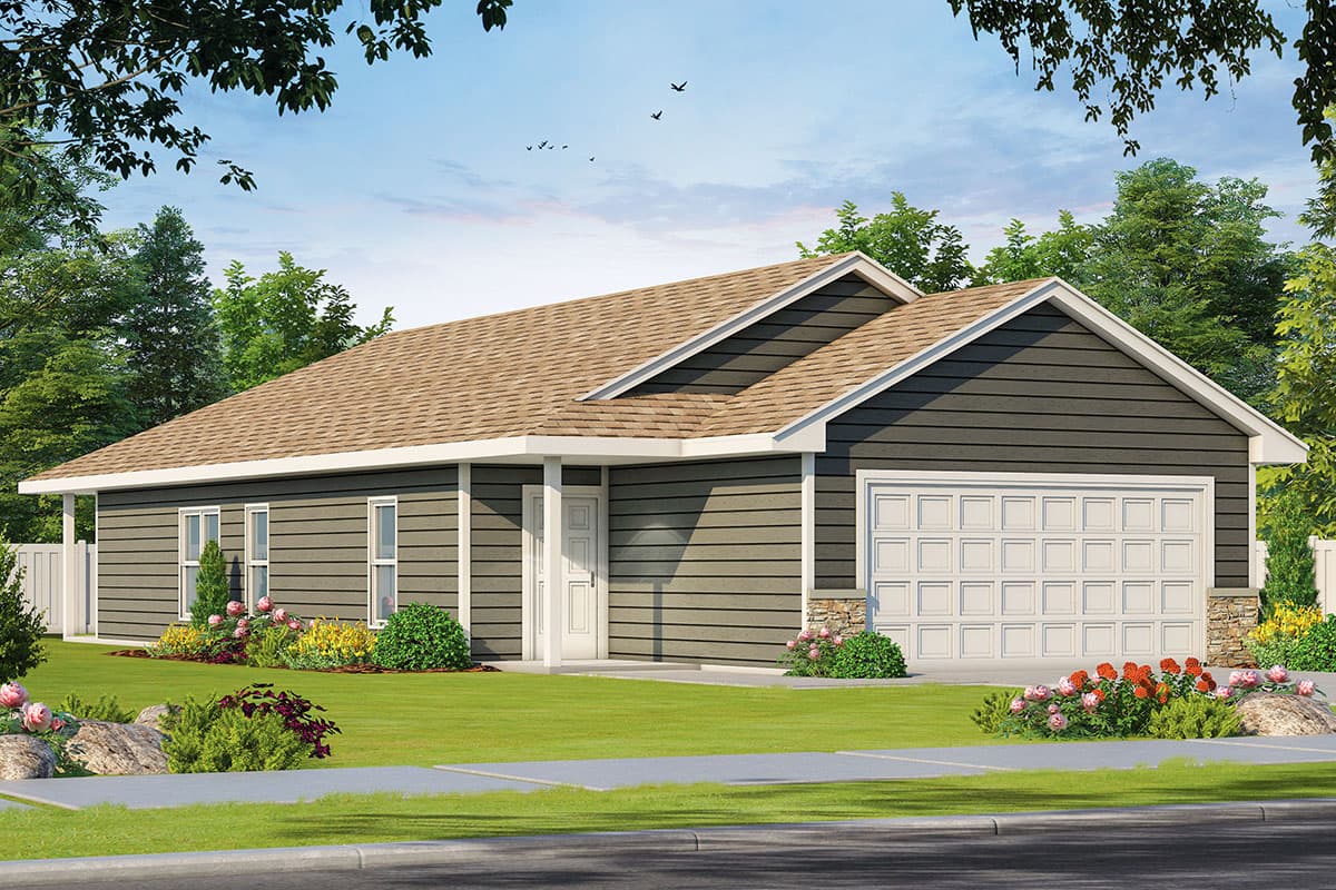 House plan exterior with low-pitched gable roof. Features include garage, covered entry, and horizontal siding. Single-story, ranch-style home.