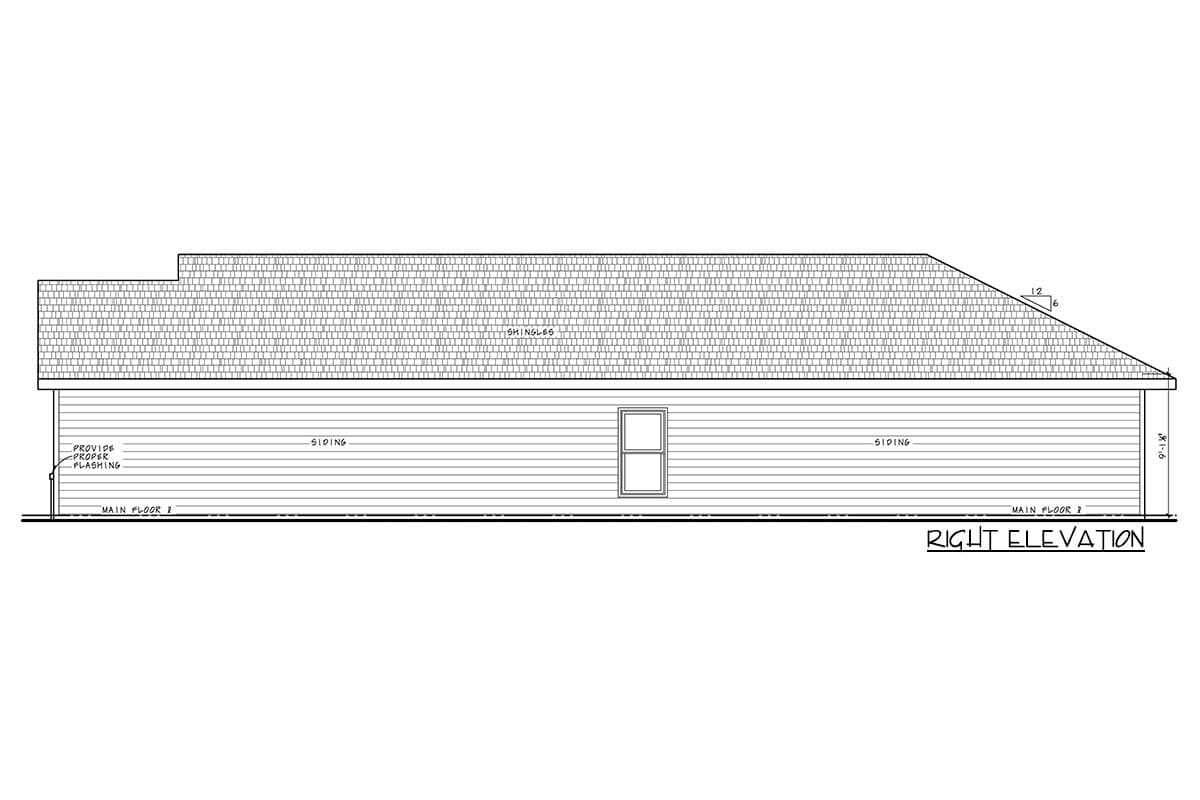 Right elevation drawing of a house with horizontal siding, a shingled gable roof, and a single window.