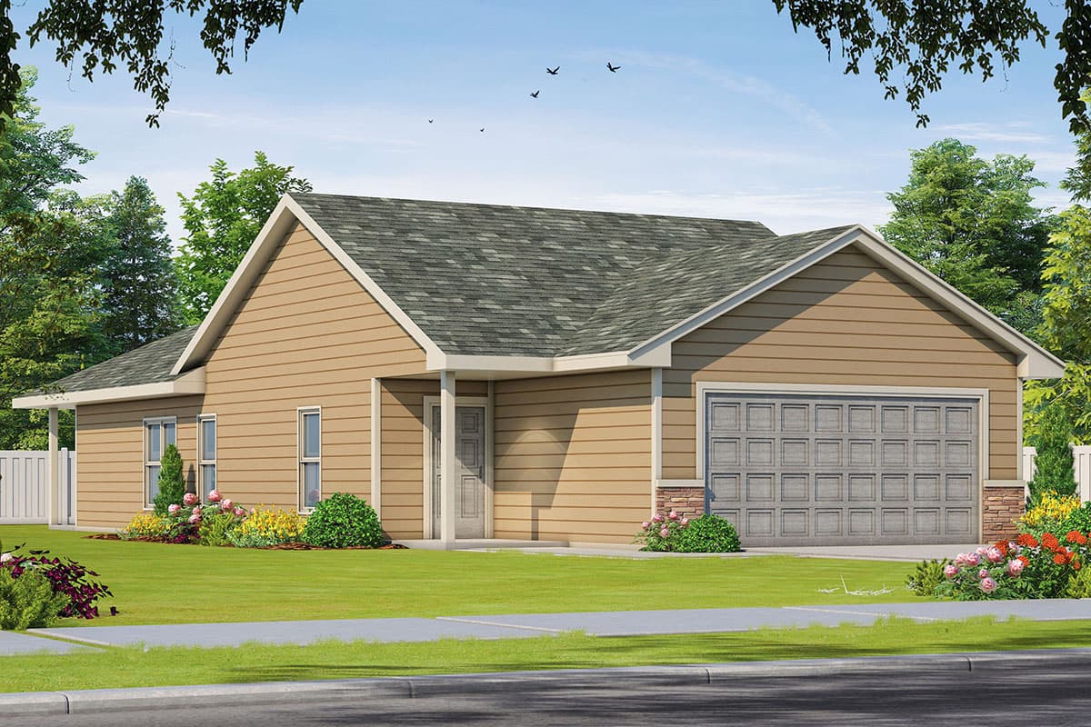 House plan exterior. Ranch style with a single story, gable roof, covered entry, and attached garage.