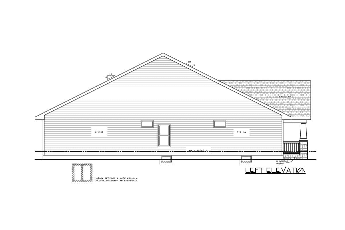 House plan left elevation showing siding, shingles, a covered porch with cultured stone details, and multiple windows.