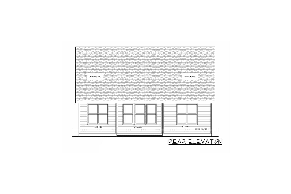 Rear elevation house plan drawing showing a shingled roof, horizontal siding, and three sets of double-hung windows.