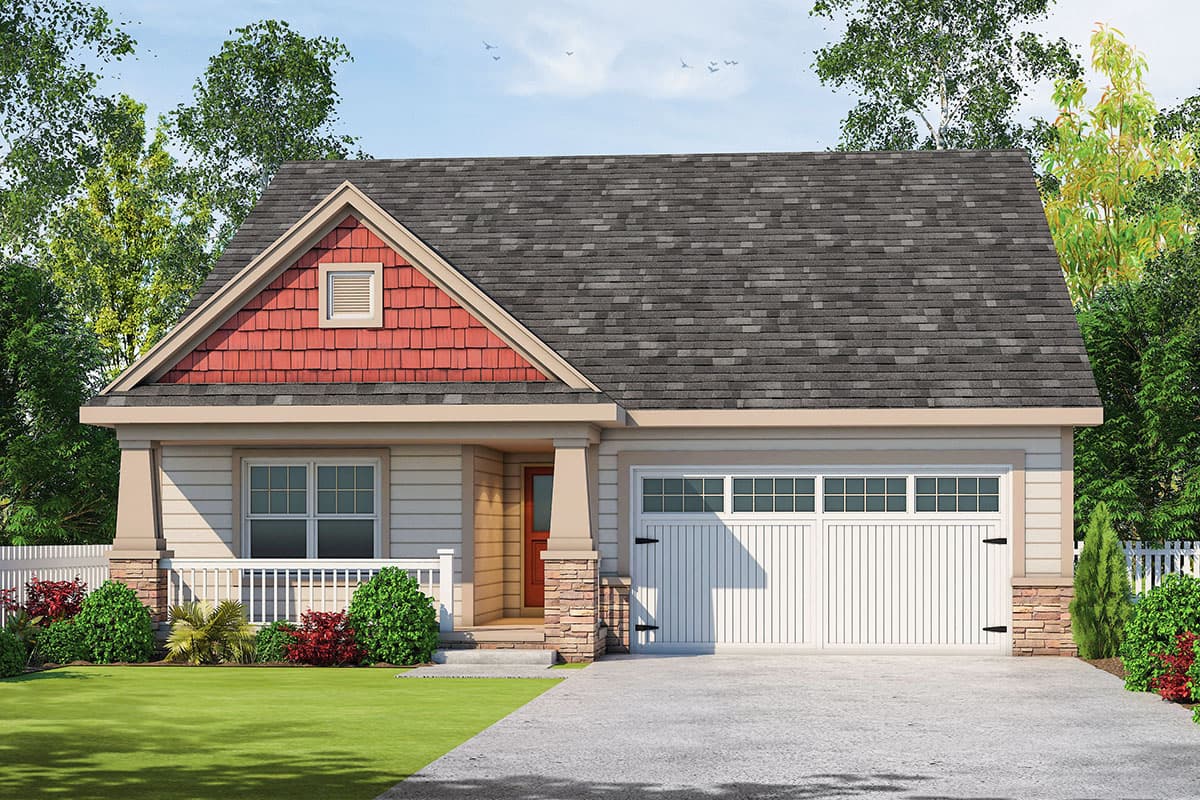 House plan exterior with Craftsman style, one story, gable roof, front porch, and attached garage with a vertical panel door.
