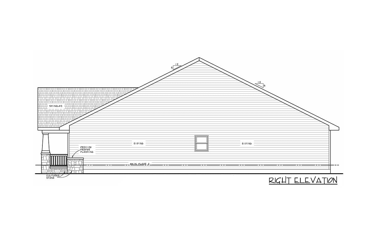 Right elevation drawing of a house plan with siding, a covered porch with stone accents, and a gabled roof.