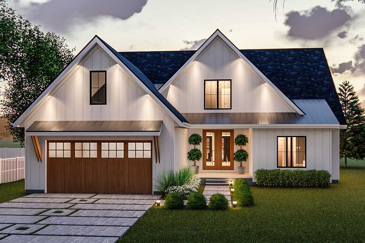 House plan exterior. Modern Farmhouse style, one-story. Features include gabled rooflines, a covered porch, and a side-entry garage.