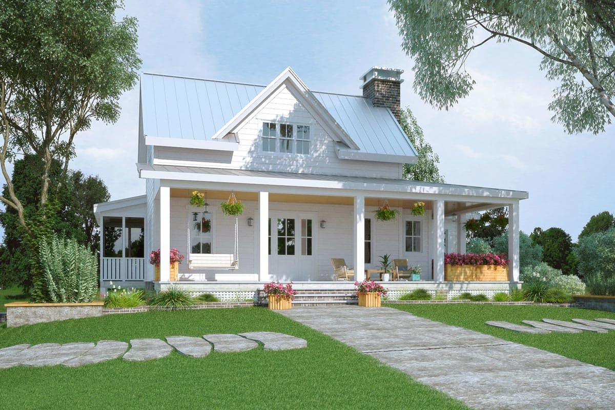 House plan exterior. Two-story farmhouse with a front porch, gabled roof, dormer, and brick chimney.