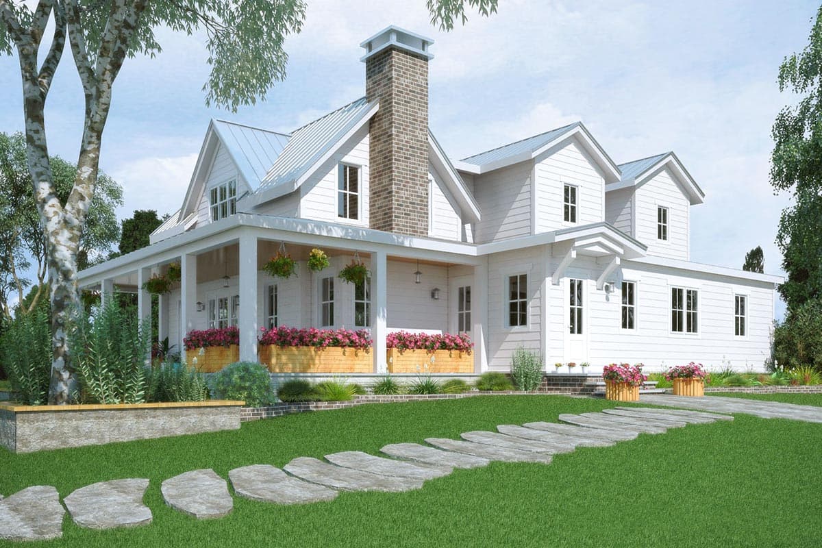 Modern farmhouse house plan exterior with wraparound porch, gabled dormers, and metal roof.