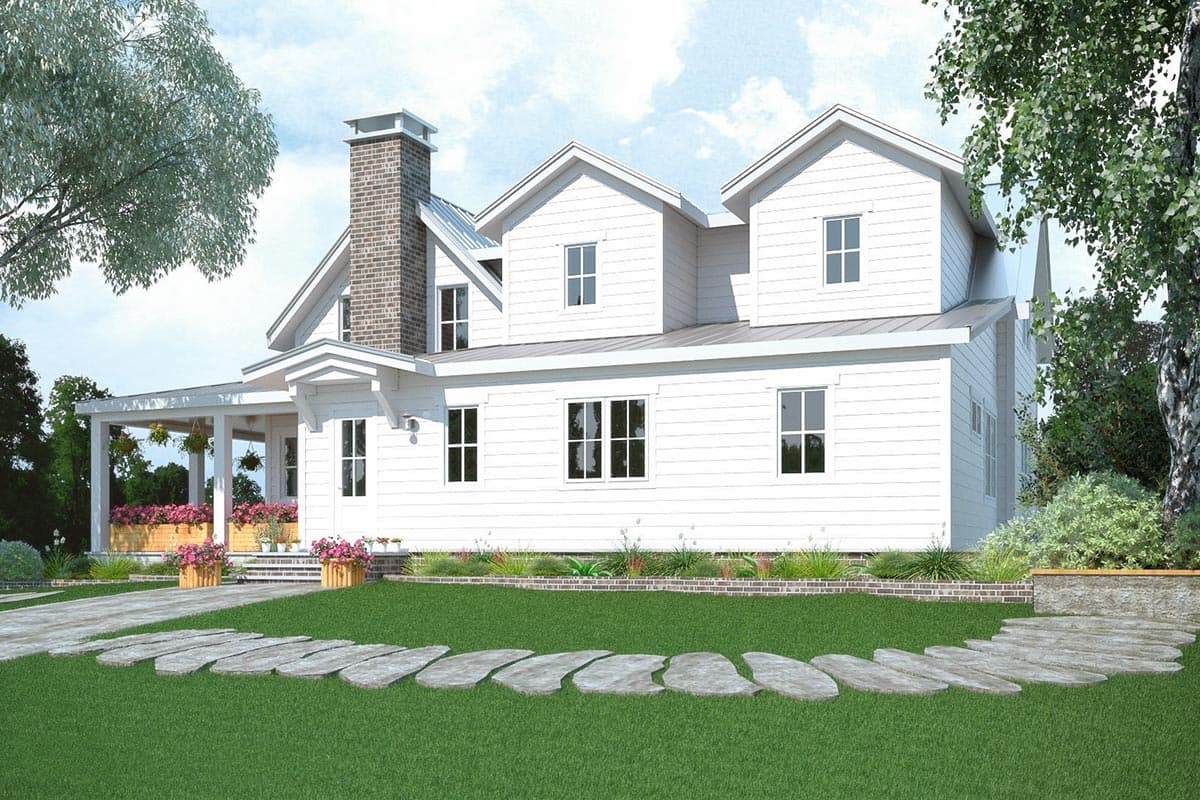 House plan exterior: Modern farmhouse style, two stories, gable dormers, covered front porch, and brick chimney.