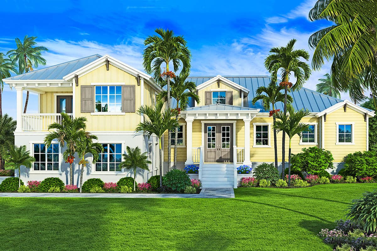House plan exterior featuring a two-story design with a front porch, gabled roof, and multiple dormers. Includes palm trees and landscaping.