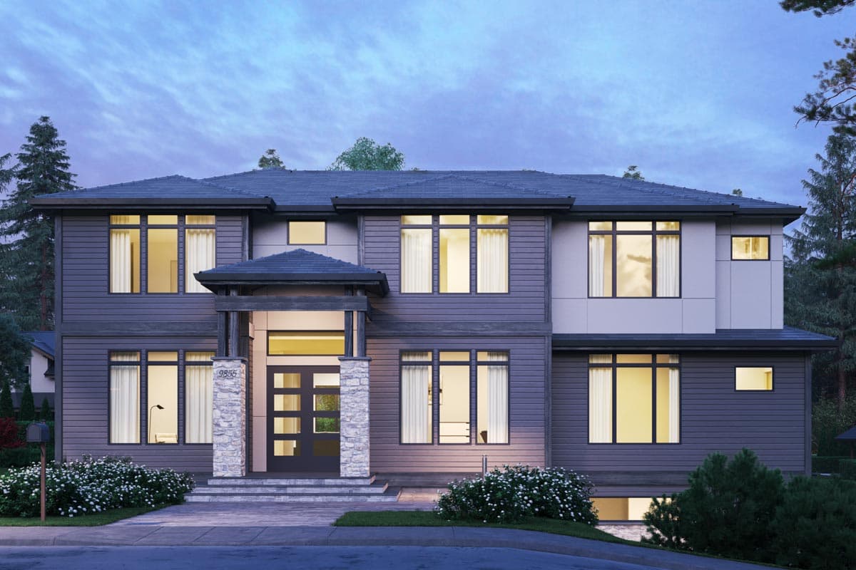 House plan exterior. Two-story Modern house with a portico entry, board-and-batten siding, and a hipped roof. Features include large windows.