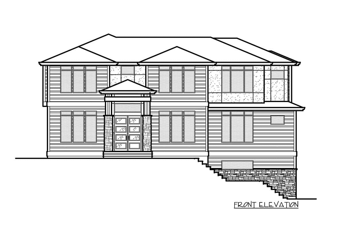 Front elevation drawing of a two-story house plan featuring a prominent entryway with stone accents and varied window arrangements.