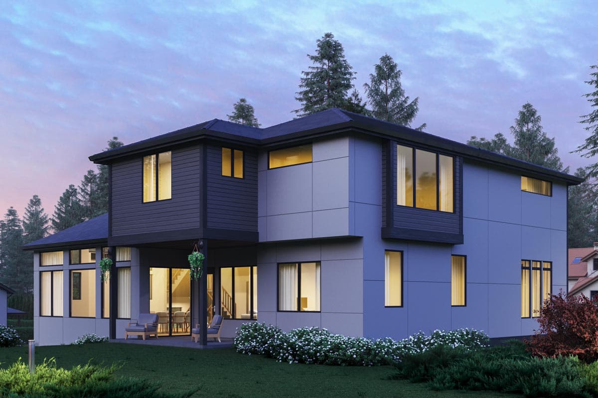 Modern two-story house plan exterior with dark siding, light gray panels, and large windows. Features covered patio.