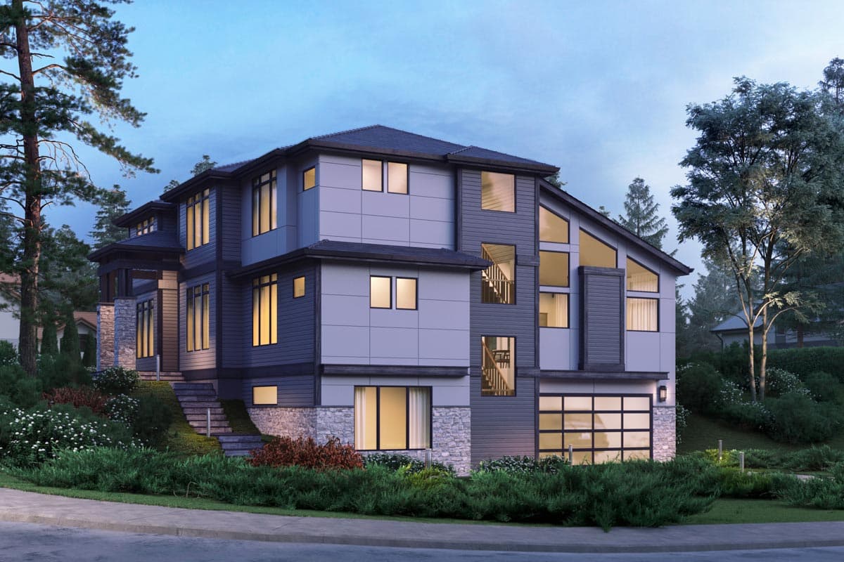 House plan exterior: contemporary style, three stories, stone accents, multiple gables, and large windows.