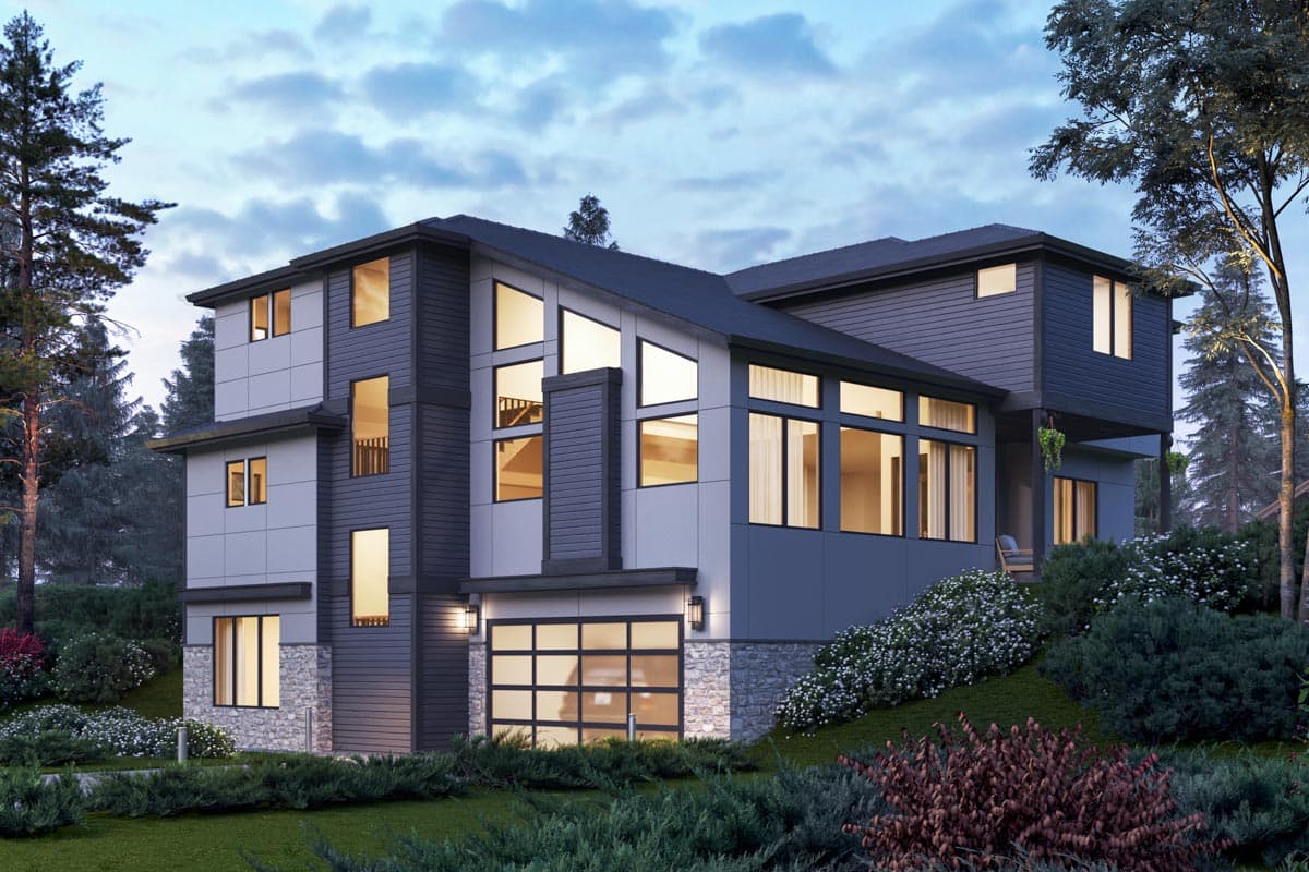 Modern house plan exterior with multiple stories, geometric forms, large windows, stone accents, and a glass garage door.