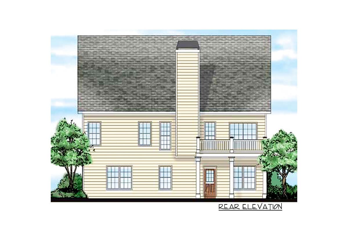 Rear elevation of a two-story house plan with a central chimney, a second-story balcony, and multiple windows.