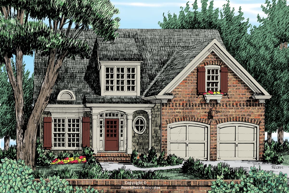 House plan exterior featuring brick facade, two-car garage, and multiple gables.  Includes decorative windows, shutters, and a front entry porch.