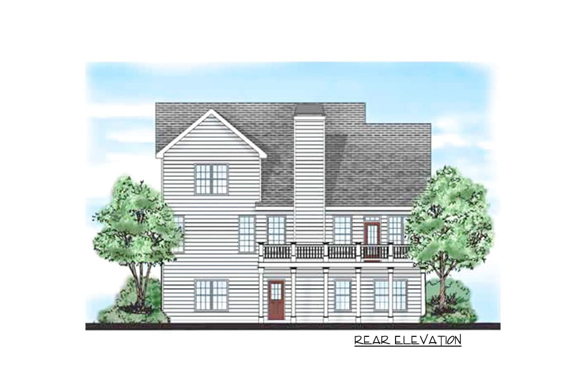 Rear elevation drawing of a two-story house with a large central chimney and a two-level porch with white columns.