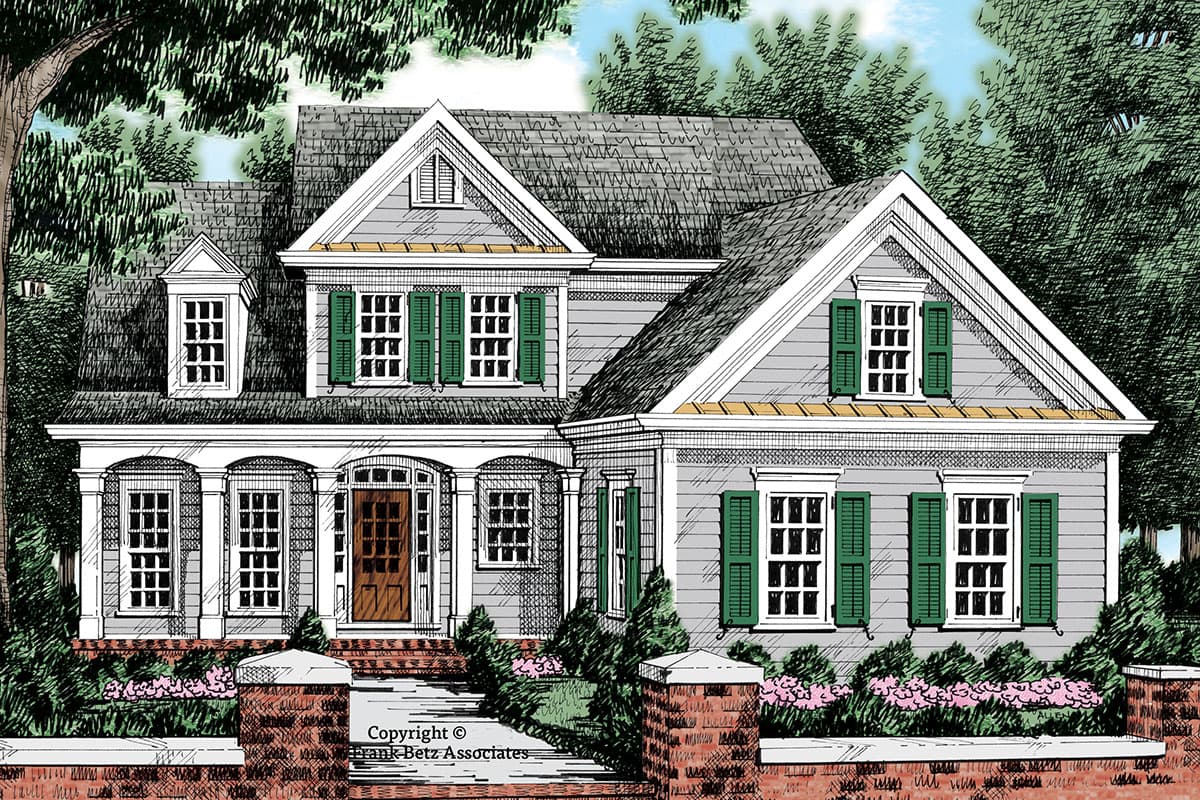 House plan exterior. Two-story Colonial with gables, multiple dormers, and a front porch with columns.