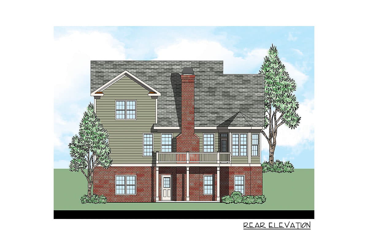 Rear elevation house plan with brick base, siding upper levels, central chimney, and balcony.