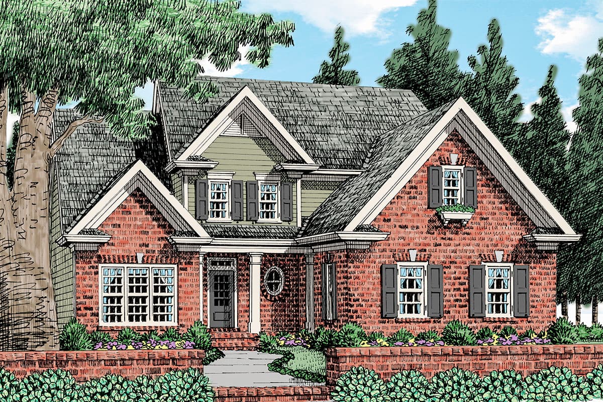 House plan exterior featuring brick facade, multiple gables, and shuttered windows. The home has a symmetrical facade and a brick wall.