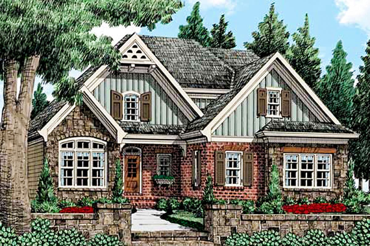 House plan exterior. Craftsman style with brick and stone facade. Features include multiple gables, a covered porch, and shuttered windows.