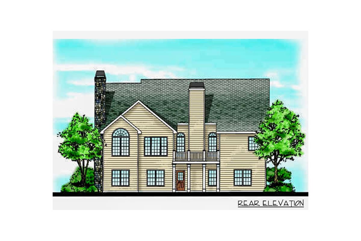 Rear elevation of a two-story house plan featuring a stone chimney, arched windows, and a covered balcony.