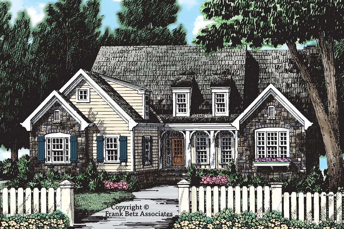House plan exterior with stone and siding, multiple gables, a covered porch, and a shingle roof. Features window shutters and a picket fence.