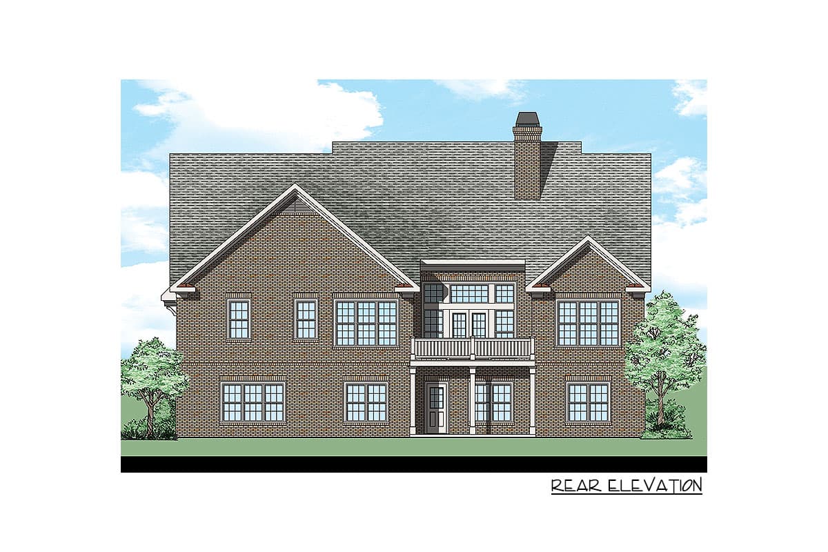 Rear elevation drawing of a two-story brick house with gables, a balcony, and a prominent chimney.