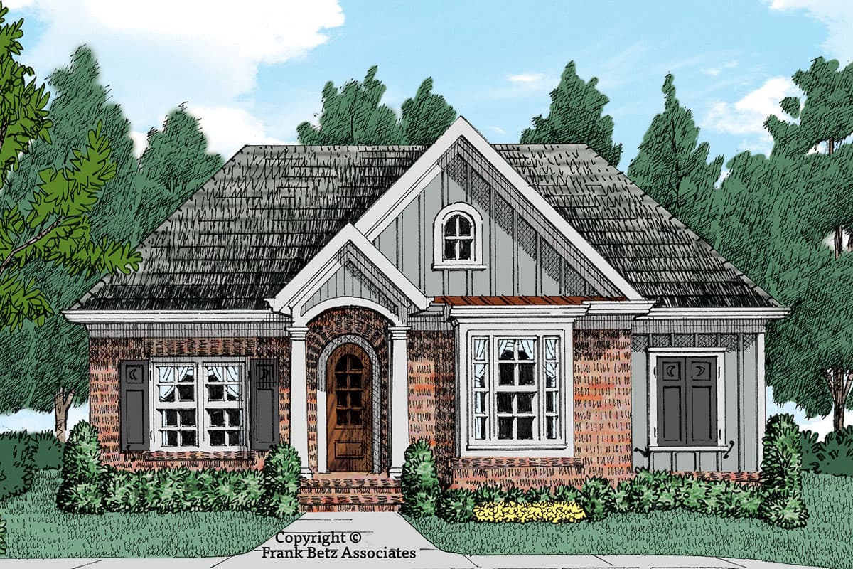 House plan exterior rendering. Features brick facade, gabled roof, arched entry, and bay window. One story with dormer detail.