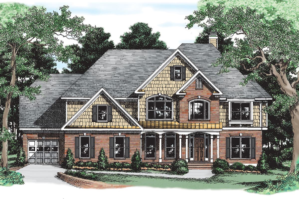 House plan exterior: Two-story home with gabled dormers, cedar shingle siding, brick facade, and attached garage.