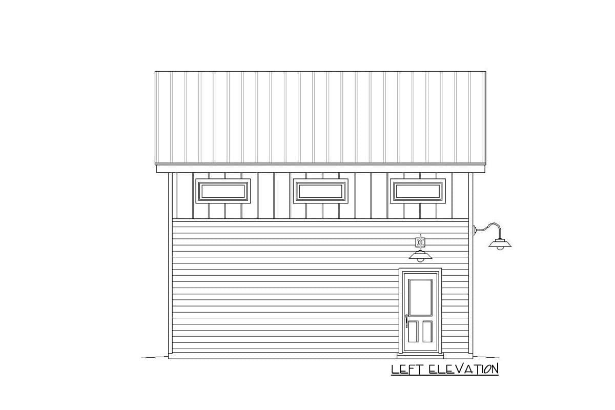 Left elevation drawing of a house plan with horizontal siding, a metal roof, a door, three windows, and two exterior lights.