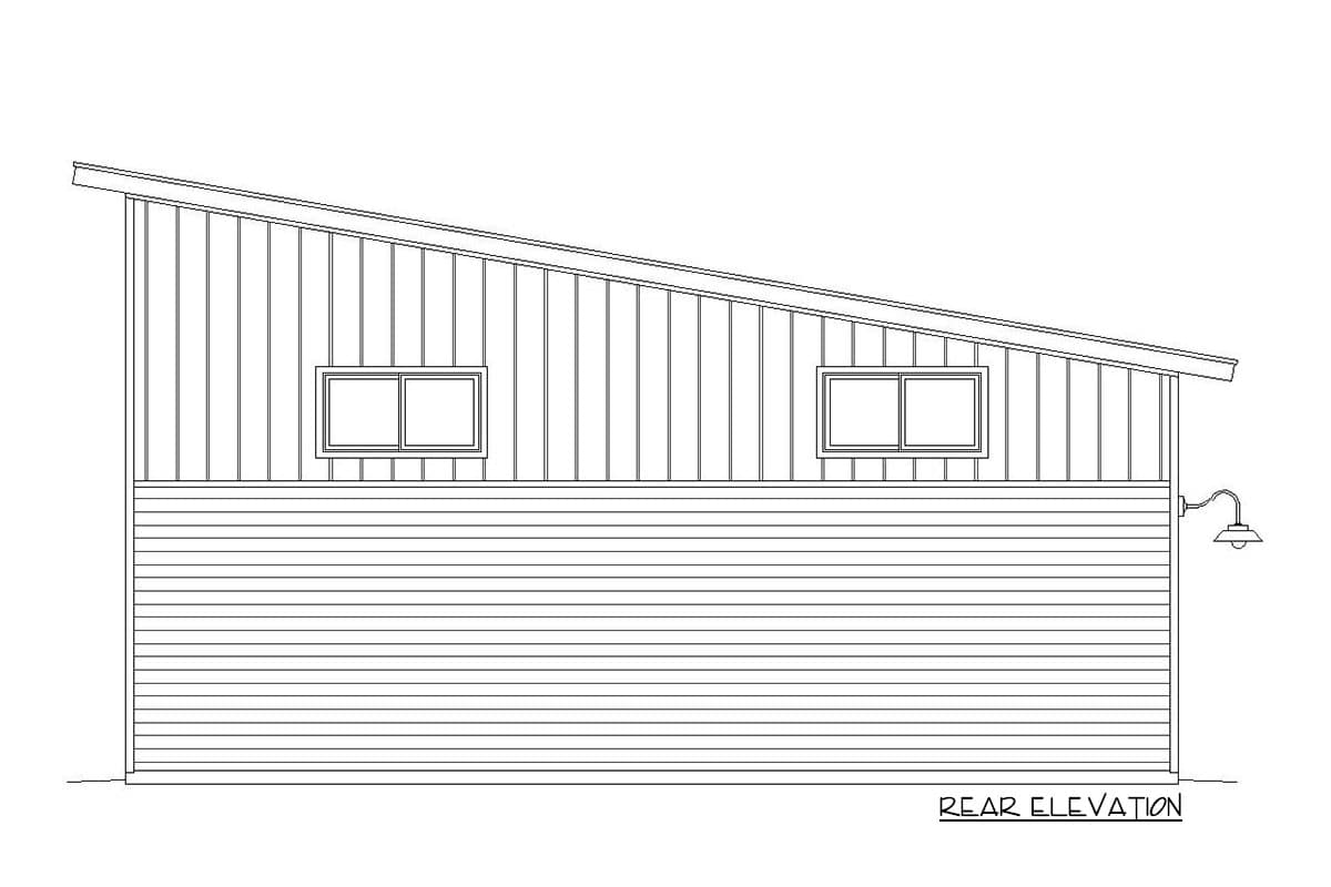 Rear elevation drawing of a house plan with a sloped roof, horizontal siding, and two rectangular windows.