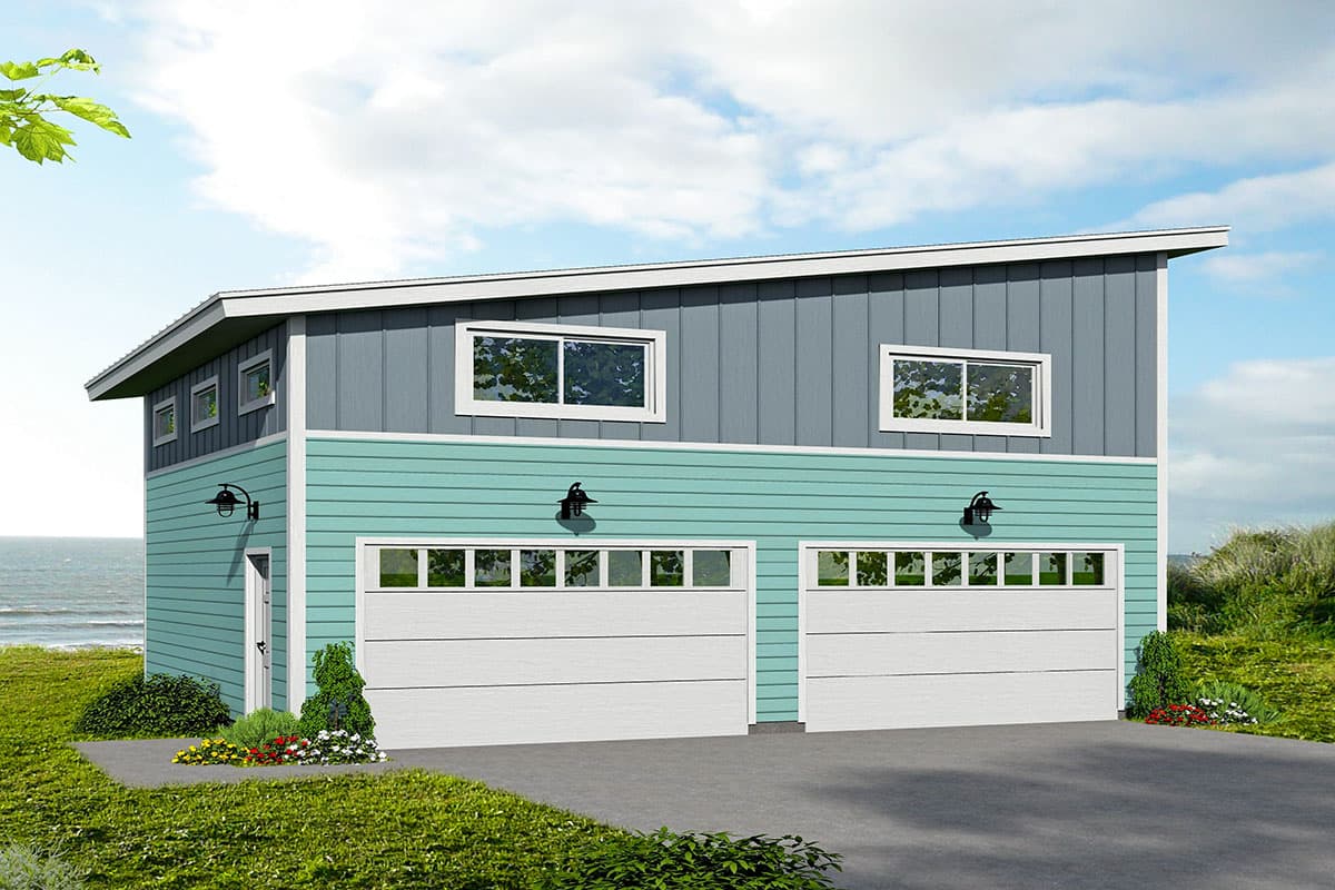House plan exterior. Two-story structure with two-car garage, shed roof, and horizontal siding. Features include two upper-level windows.