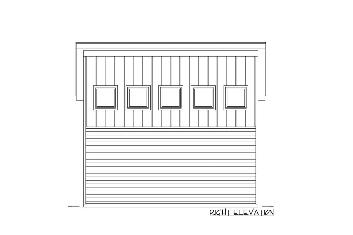 Right elevation drawing of house plan showing horizontal siding below and vertical siding above with five square windows.