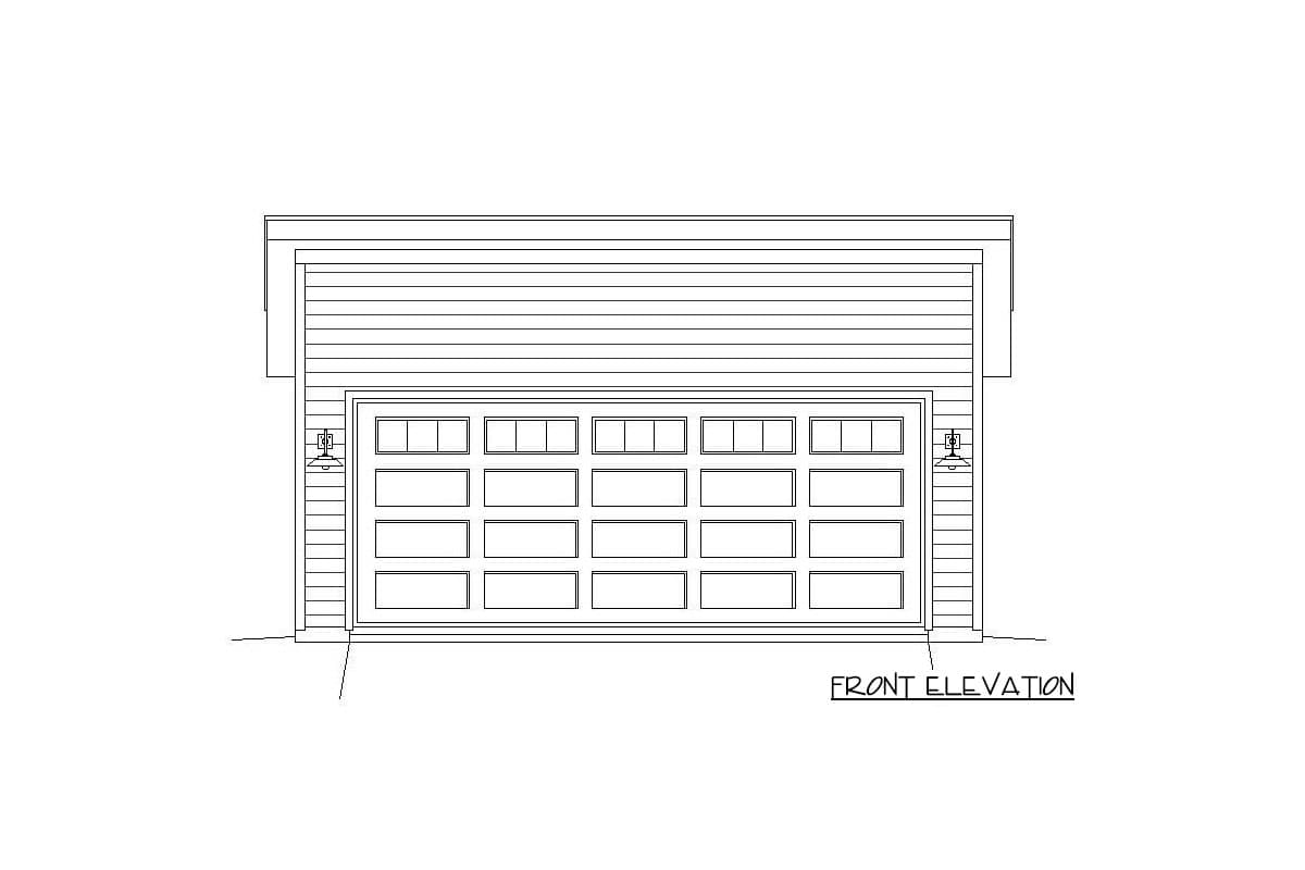 Front elevation drawing of a two-car garage with a carriage-style door and two exterior light fixtures.