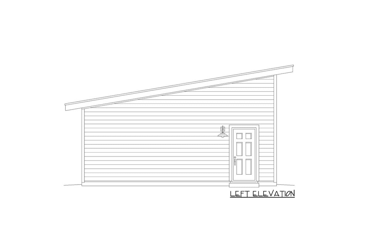 Left elevation house plan showing a single-story structure with horizontal siding and a shed roofline.