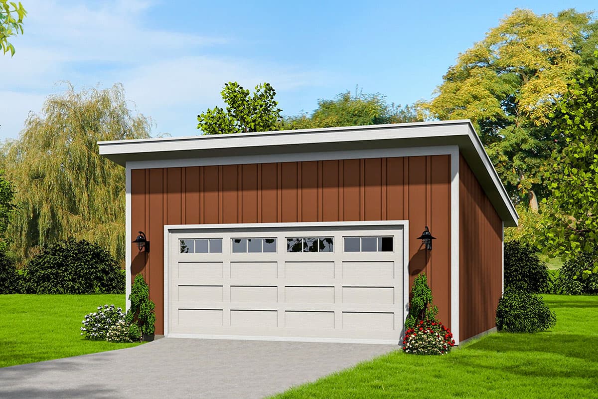 House plan exterior: Modern design with a single-story, flat roof, and a garage door featuring multiple window panes.
