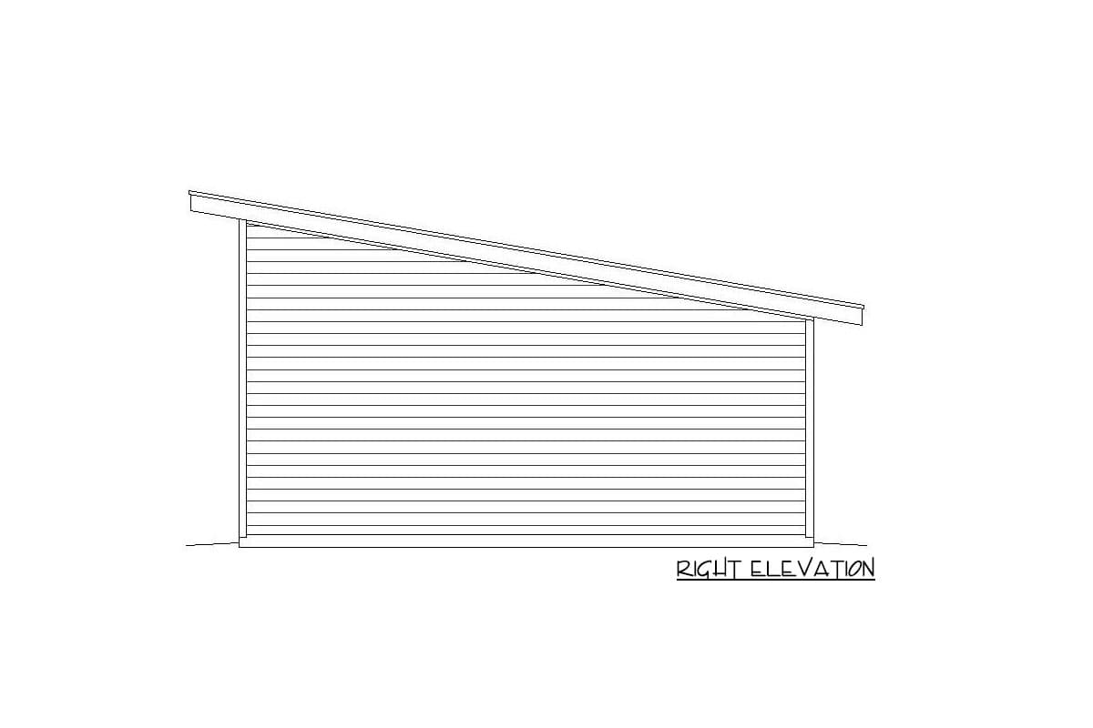 Right elevation house plan drawing showing horizontal siding and a shed roof.