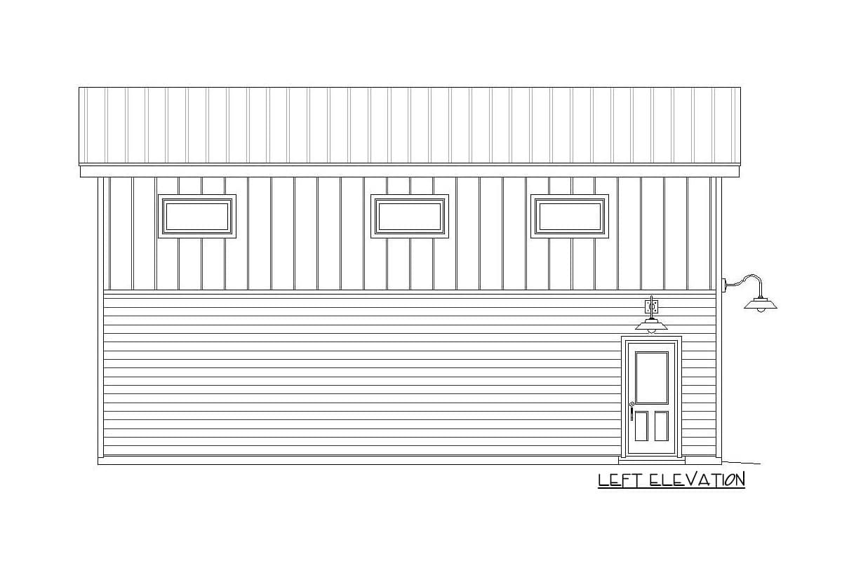 Left elevation of a house plan showing horizontal siding, three windows, a paneled door, and a barn-style light fixture.