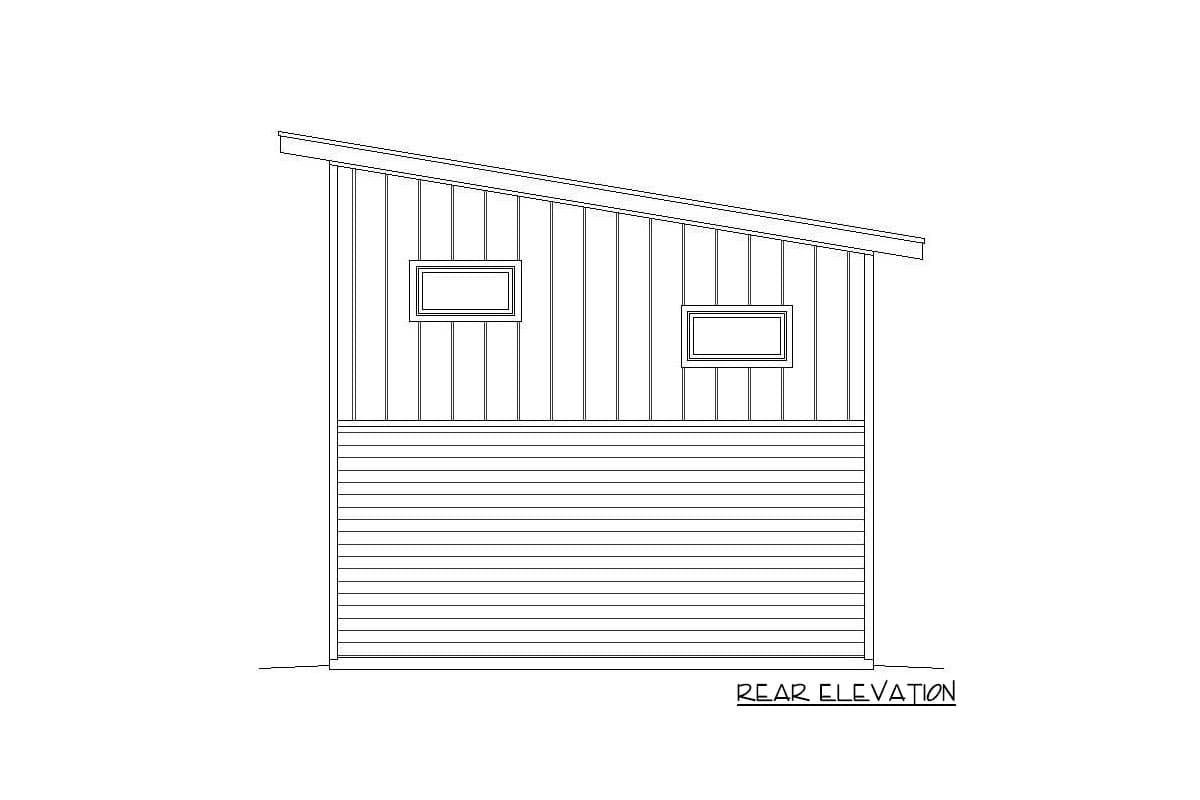 Rear elevation drawing of a house plan with vertical siding above horizontal siding and two rectangular windows under a sloped roof.