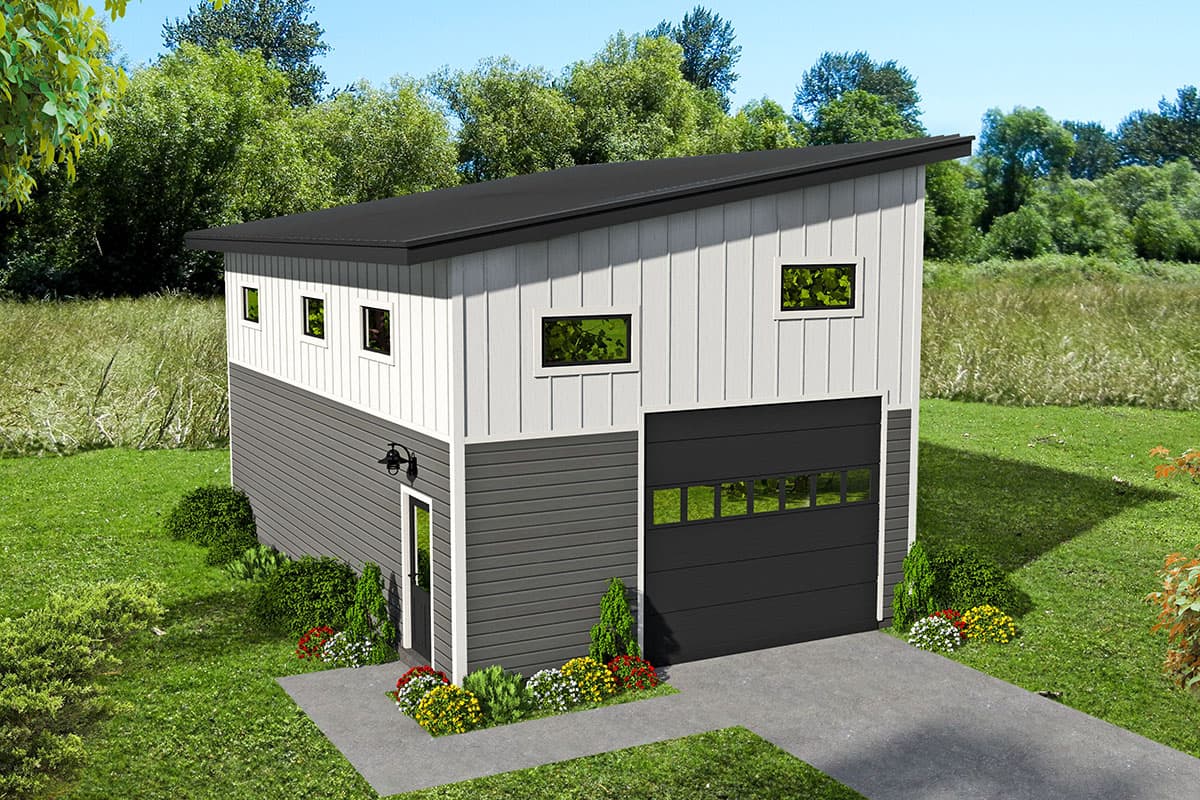 House plan exterior. Two-story structure with modern shed roof. Features include garage door, multiple rectangular windows, and vertical siding.