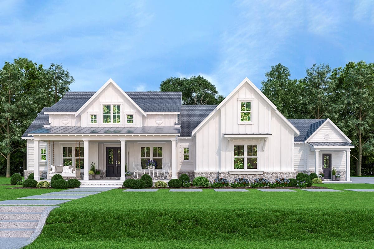Modern Farmhouse house plan exterior with a large covered front porch, prominent gables, and stone accents.