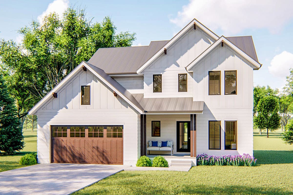 Modern Farmhouse house plan exterior with two stories. Features include a front-facing garage, gables, and a covered porch with dark columns.