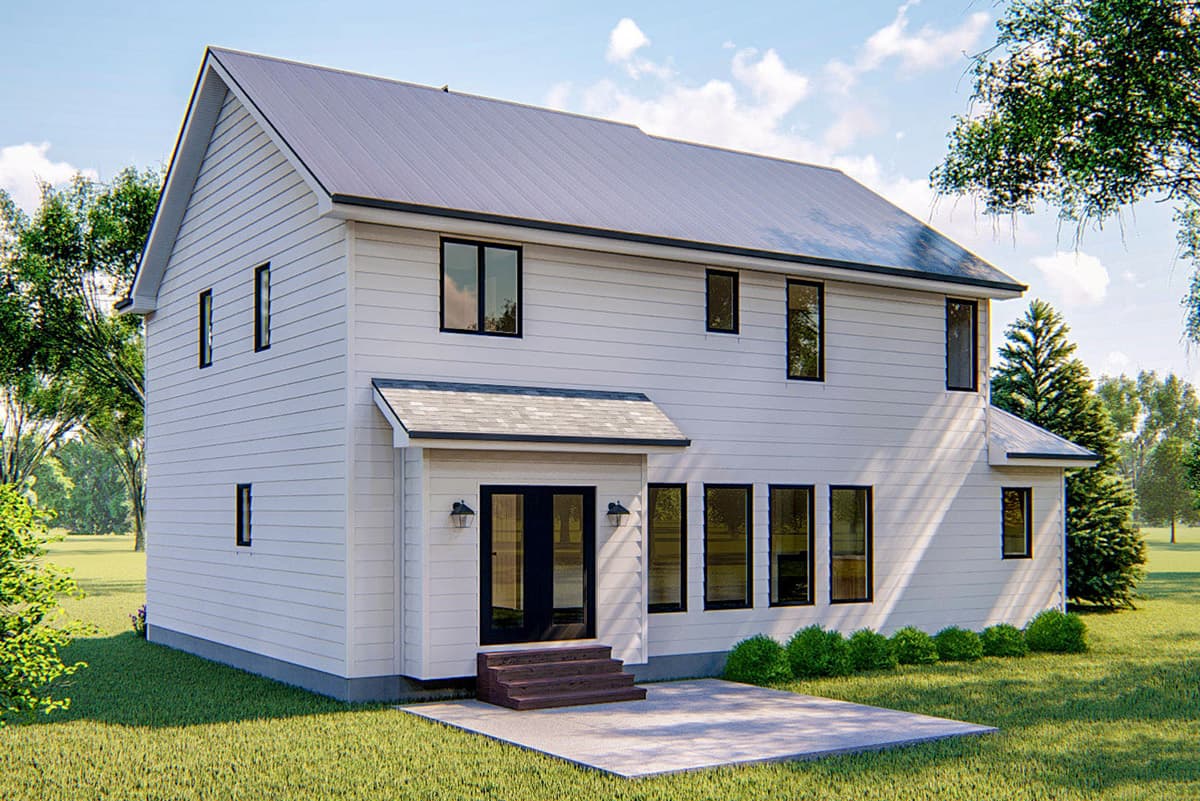 Two-story modern house plan exterior with white horizontal siding, a gabled roof, and a covered entryway with double doors.