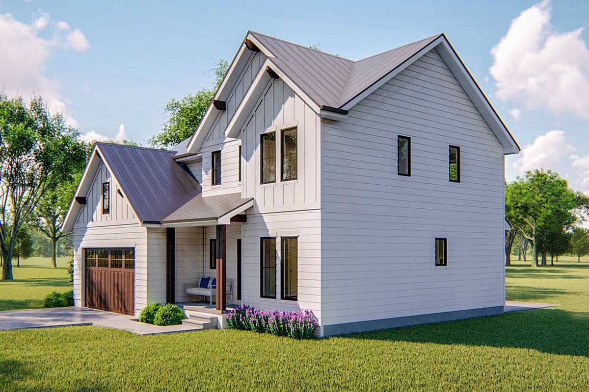 Modern Farmhouse house plan exterior, two stories, with gabled dormers, a covered front porch, and a side-entry garage.