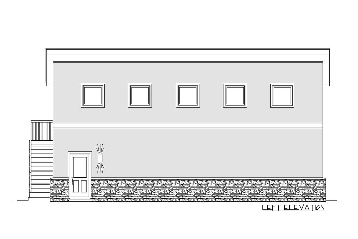 Left elevation drawing of a house plan with stone base, door, stairs, and square windows.