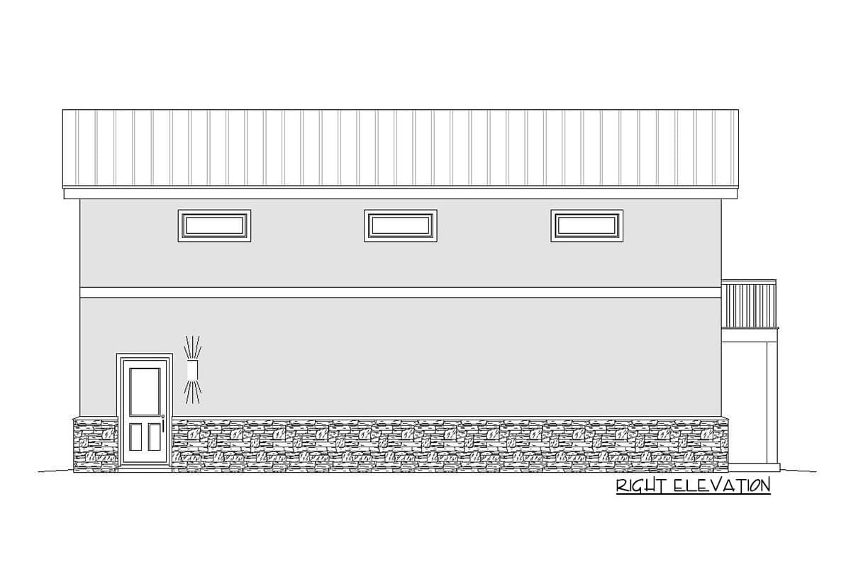 Right elevation of a house plan showing a stone wainscot, door, three clerestory windows, and a balcony.