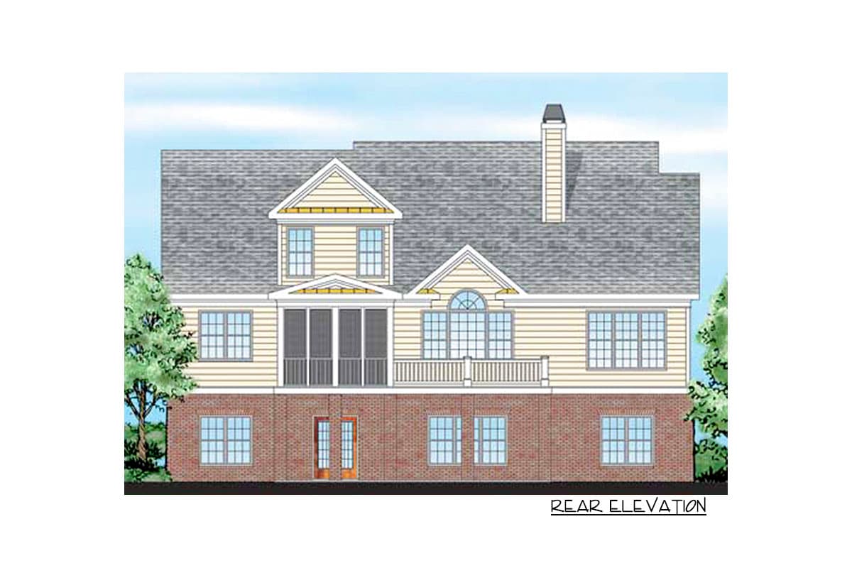 Rear elevation of a two-story house plan with brick base, screened porch, balcony, and multiple gables.