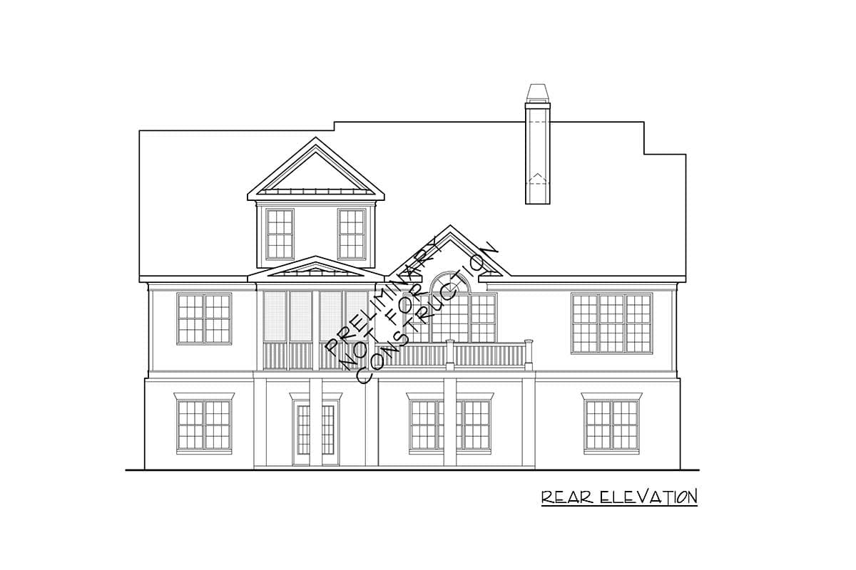 Rear elevation house plan drawing showing a two-story structure with a central gabled dormer, multiple windows, and a balcony.