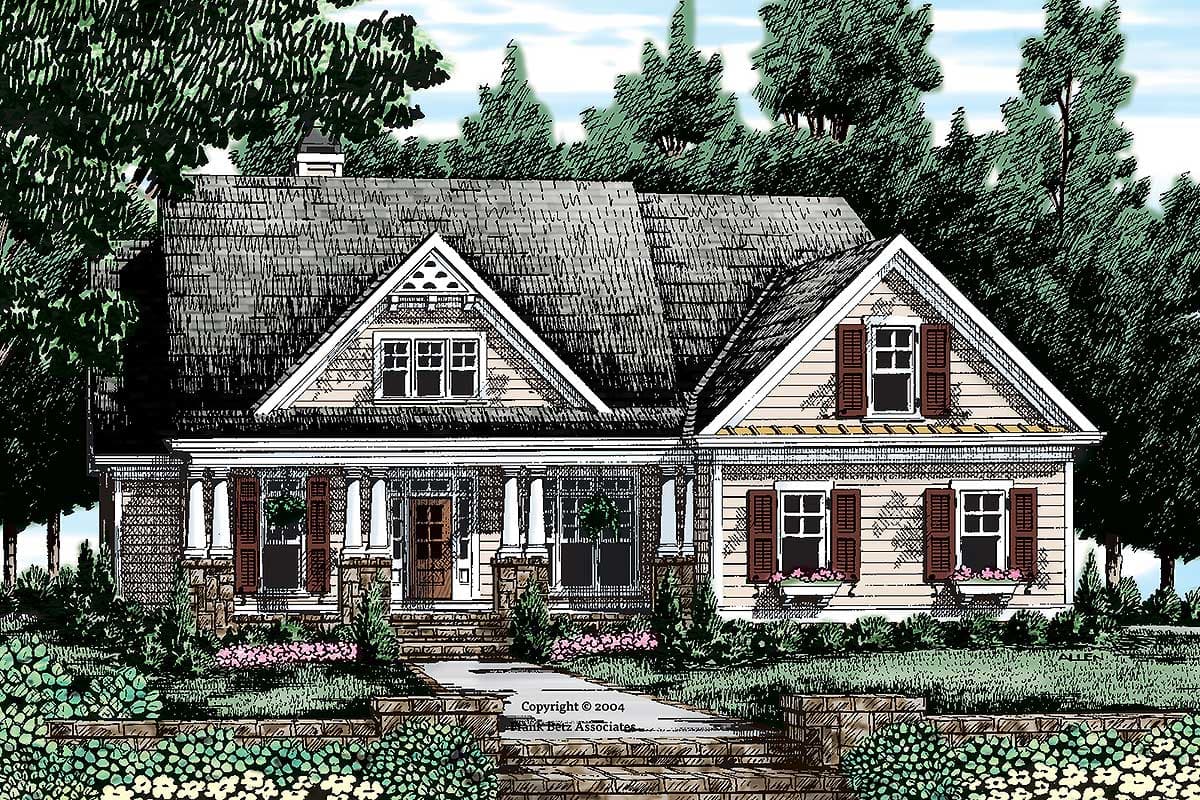 House plan exterior featuring a Craftsman style design with a covered porch, multiple gables, and decorative shutters on a single-story home.