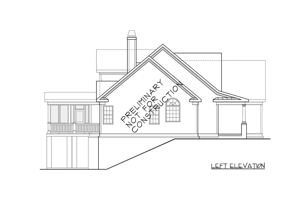 Left elevation house plan with prominent gables, a chimney, covered porch with columns, and a sunroom.